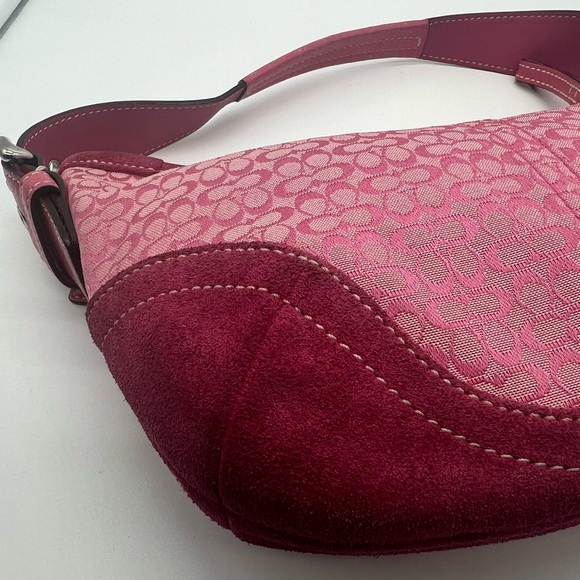 COACH VINTAGE 6351 Y2K Signature Monogram Pink Suede Leather Crescent Mini Hobo - Picture 12 of 17